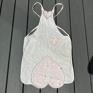 Vintage bib apron with floral embroidered heart appliques, coquette cottagecore